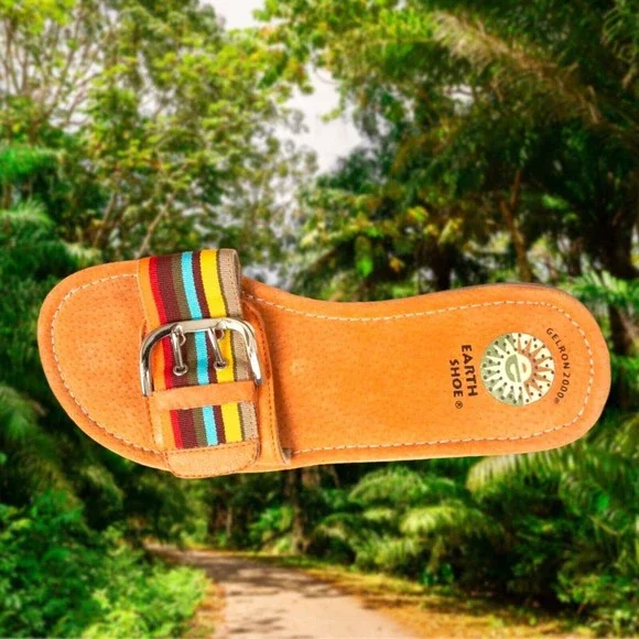 Earth Shoe BIRCH Slides Gelron 2000 ORANGE Leather MULTI Stripe Strap Size 6 EUC - Picture 6 of 6